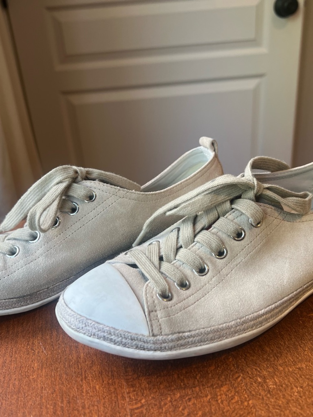 Prada Taupe Canvas Low-Top Sneakers with White Toecaps - Picture 2 of 4
